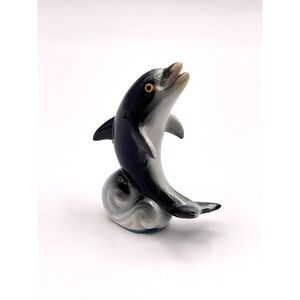 Japan Miniature Dolphin Figurine Jumping Wave Ceramic Miniature 2.5"